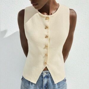 Sleeveless Cream Button-Up Sweater Top